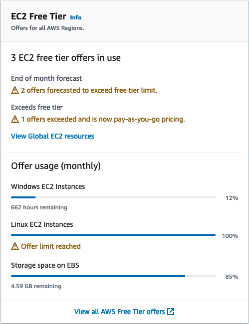 Das Feld Kostenloses Kontingent für EC2 im EC2-Dashboard.