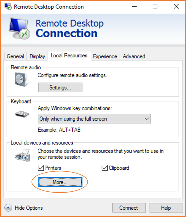 Fenster „RDP Local Resources (Lokale RDP-Ressourcen)“.