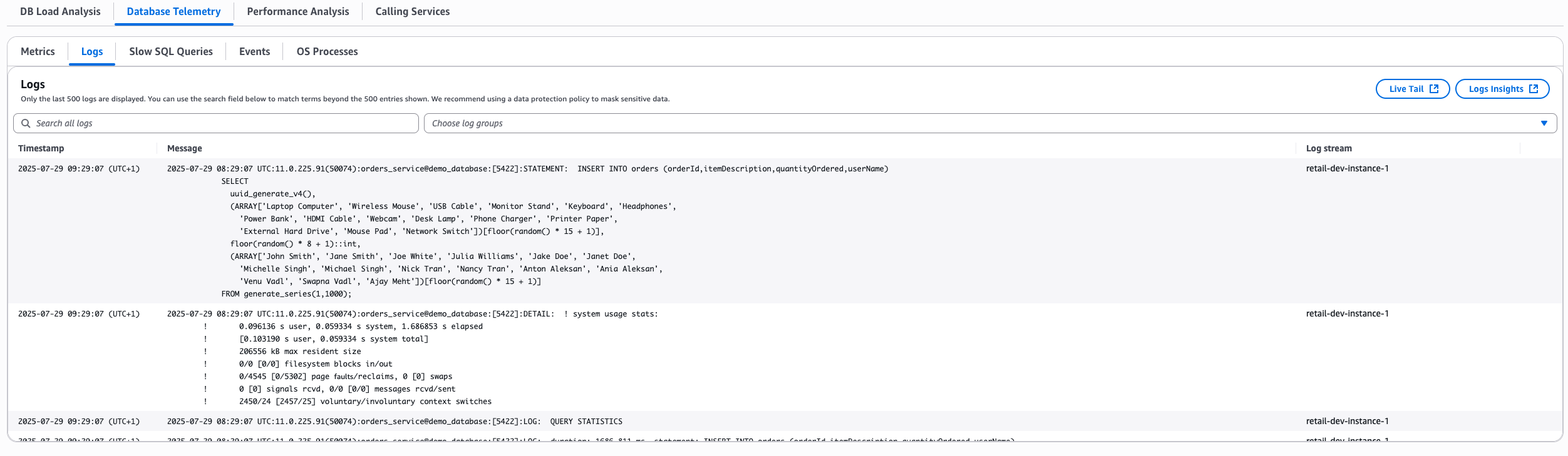 Datenbanktelemetrie im Datenbank-Instance-Dashboard