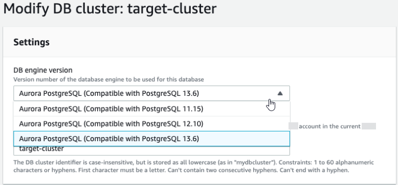 Direktes Upgrade eines DB-Clusters von Aurora MySQL von Version 2 auf Version 3