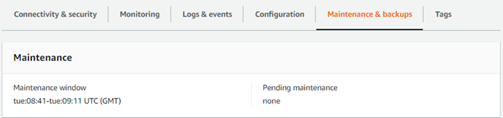 Wartungsfenster für einen Beispiel-Aurora Serverless v1-DB-Cluster, keine ausstehende Wartung
