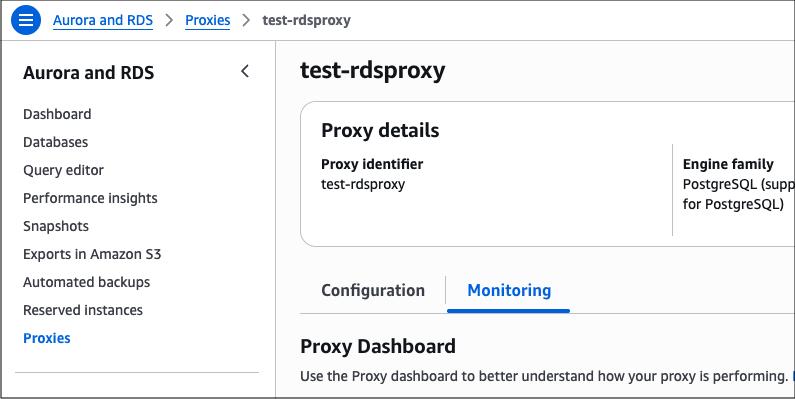 Dashboard zur RDS-Proxy-Überwachung.
