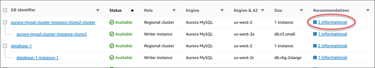 Empfehlungsoption auf der Seite „Datenbanken“ in der Konsole ausgewählt