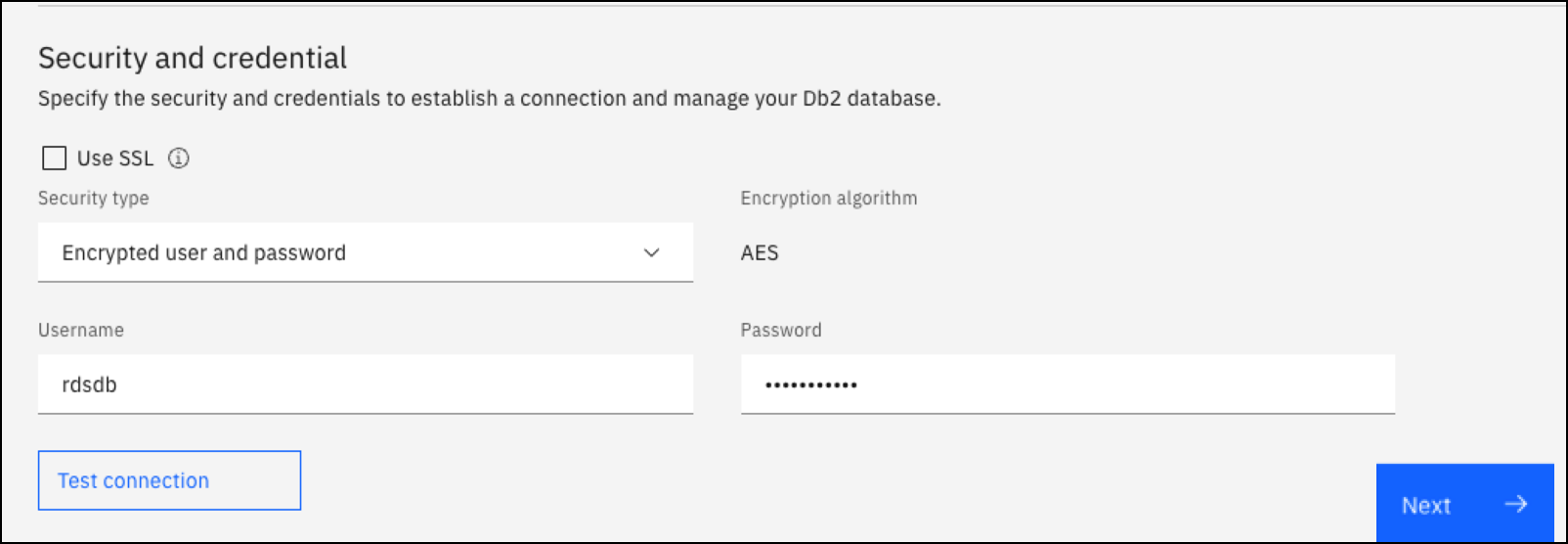 Der Abschnitt Sicherheit und Anmeldeinformationen in IBM Db2 Data Management Console.