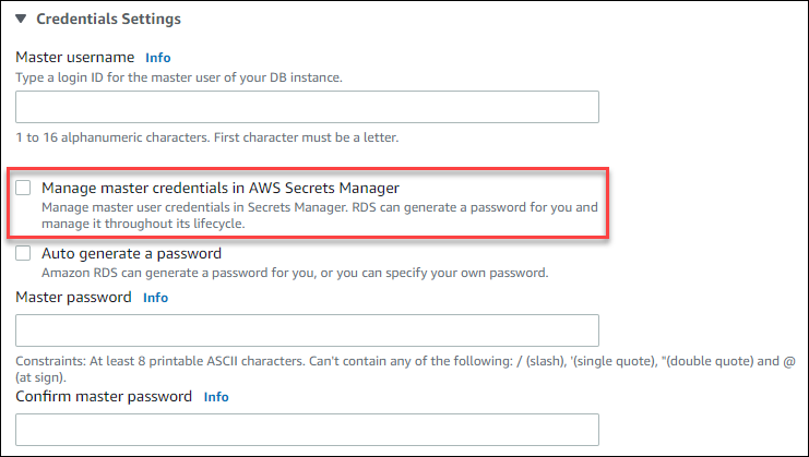 Verwalten Sie die Master-Anmeldeinformationen in AWS Secrets Manager