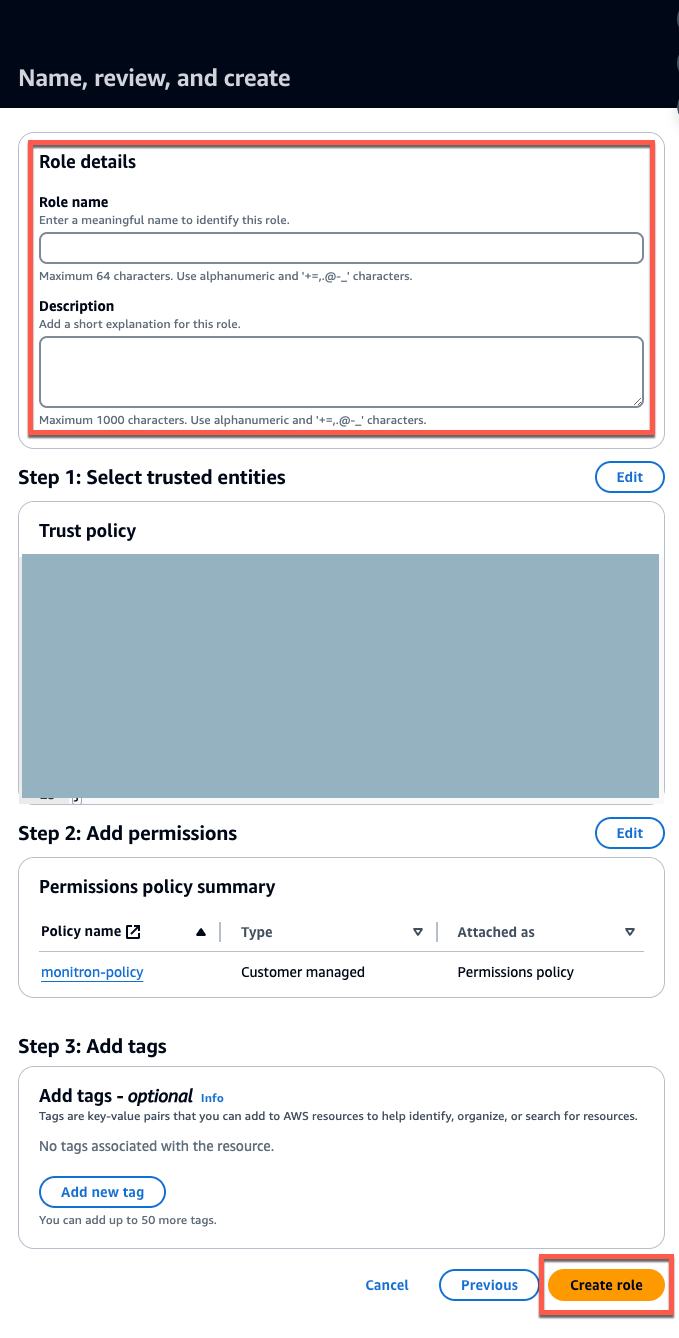 Form for creating a new role with fields for role name, description, trust policy, and permissions.
