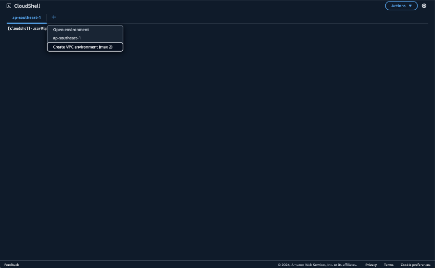 CloudShell interface showing ap-southeast-1 environment and option to create VPC environment.