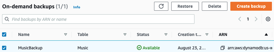 Screenshot der Backupliste und der Schaltfläche "Create backup (Backup erstellen)"