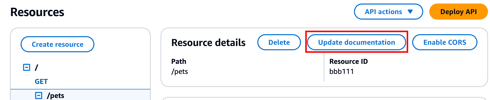 Bearbeiten der Dokumentation für die Ressourcenentität in der API Gateway-Konsole