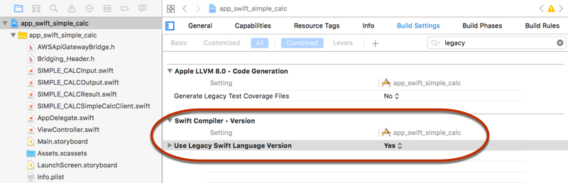 Setzen Sie die Eigenschaft „Legacy Swift Language Version“ auf „Ja“.