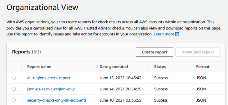 Screenshot von Beispielberichten zum Herunterladen. Trusted Advisor