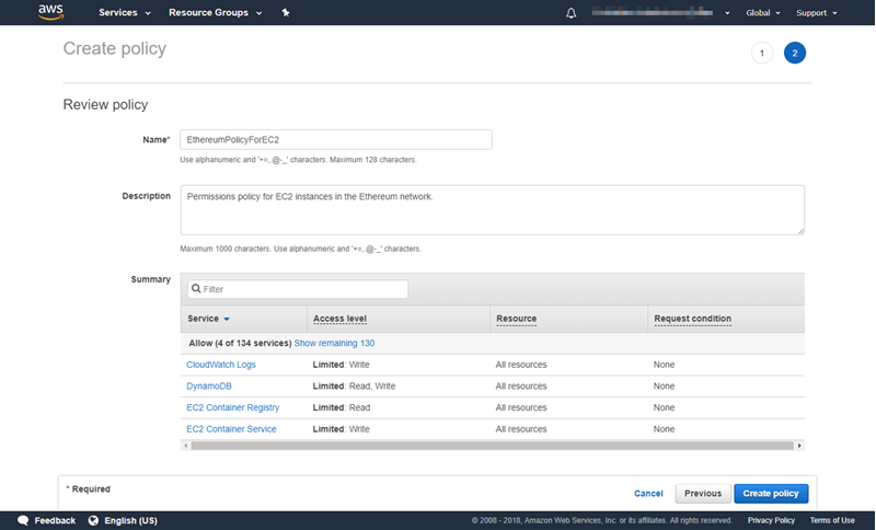 AWS console showing Create policy page with name, description, and service permissions.