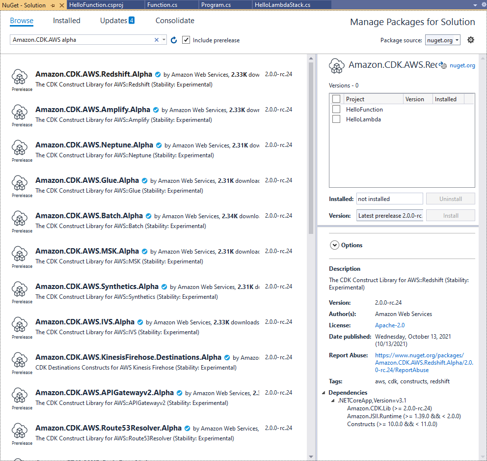 NuGet Paketmanager, der Amazon <shared id="AWS"/> CDK-Alpha-Pakete für verschiedene Dienste anzeigt.