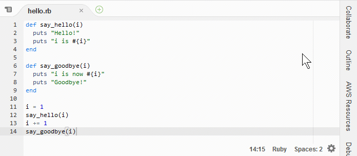 Gliederungsfenster in AWS Cloud9 IDE