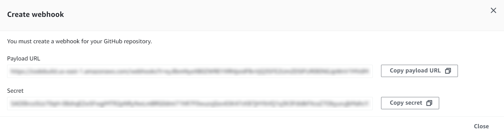 Payload-URL und Secret-Konfiguration für manuelle Webhooks.