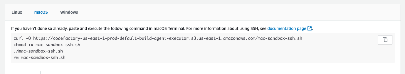 Die macOS-Befehle für die SSH-Verbindung zur CodeBuild Sandbox in der Konsole.
