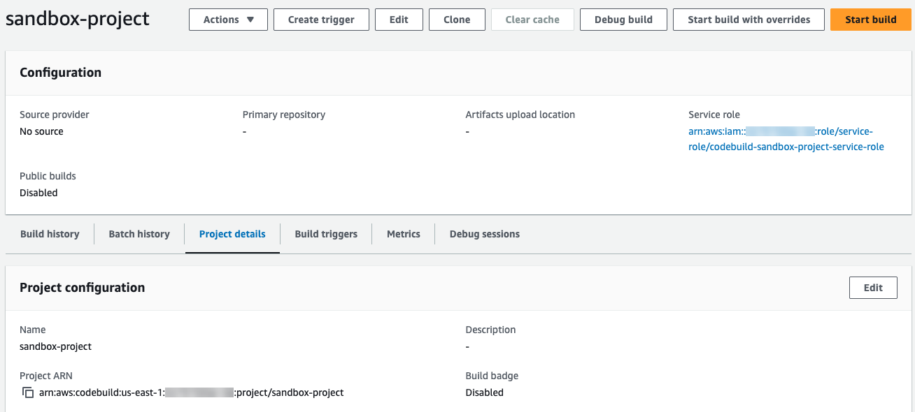 Die Detailseite des Debug-Build-Projekts in der Konsole.