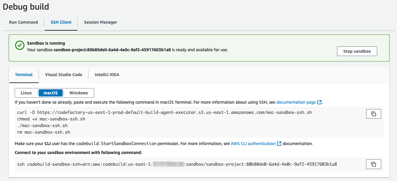 Die Sandbox-Seite des SSH-Clients in der Konsole.