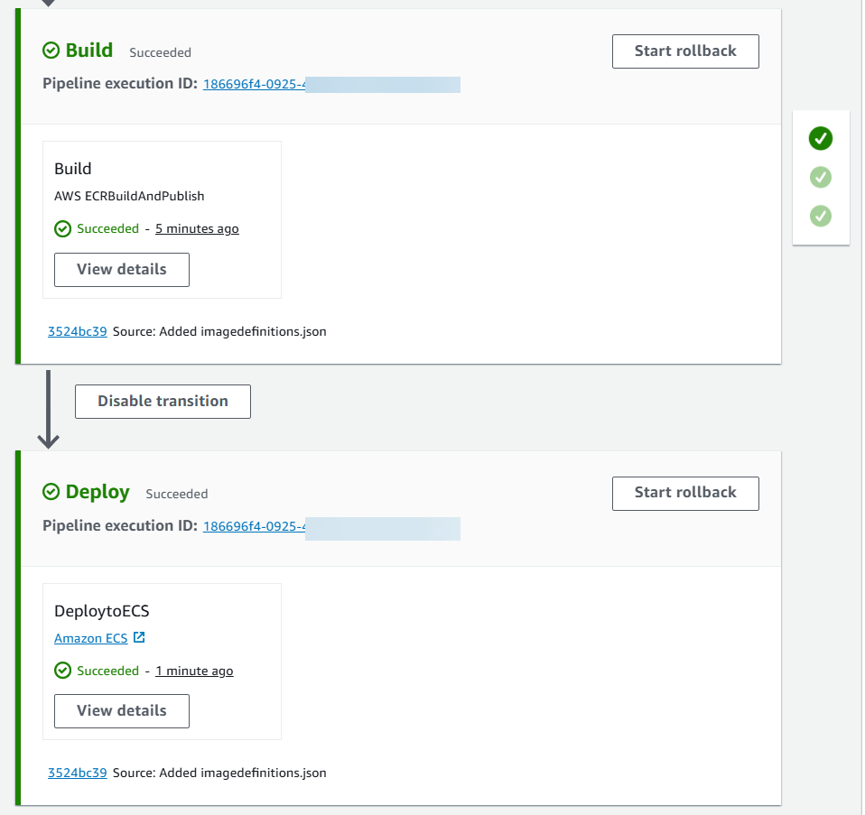 Ein Konsolendiagramm, das einen erfolgreichen Pipeline-Lauf mit der Amazon ECR-Build-Aktion und der Amazon ECS-Bereitstellungsaktion zeigt, die zu Ihrer Pipeline hinzugefügt wurden.