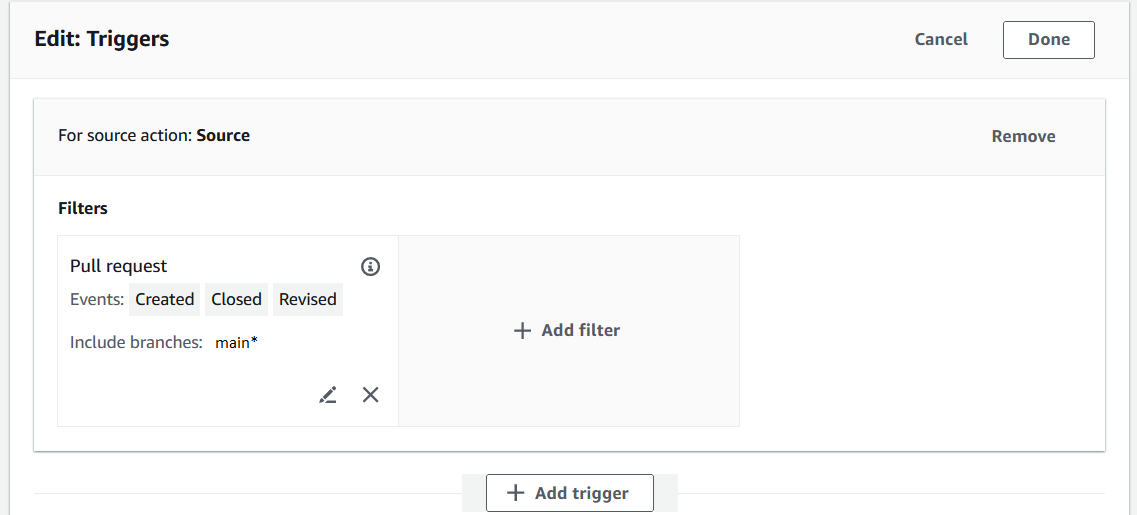 Das Bild zeigt die Option Branches einbeziehen, die mit dem Wert main* für einen Trigger mit dem Ereignistyp Pull-Request ausgewählt wurde