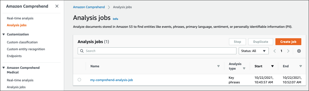 Amazon Comprehend Seite mit Analyseaufträgen, auf der Ihre Analysejobs angezeigt werden.
