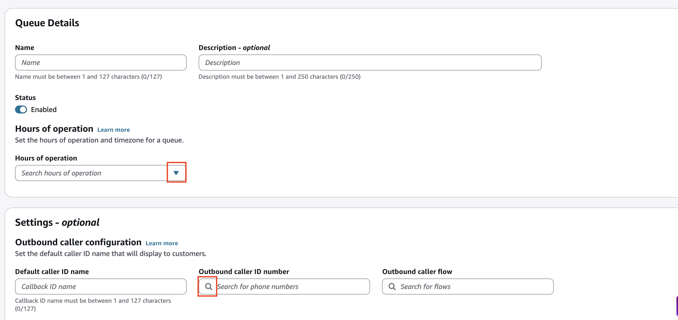 Die Seite „Neue Warteschlange hinzufügen“, die Dropdownliste mit den Öffnungszeiten und die Dropdownliste mit der Nummer der ausgehenden Anrufer-ID.