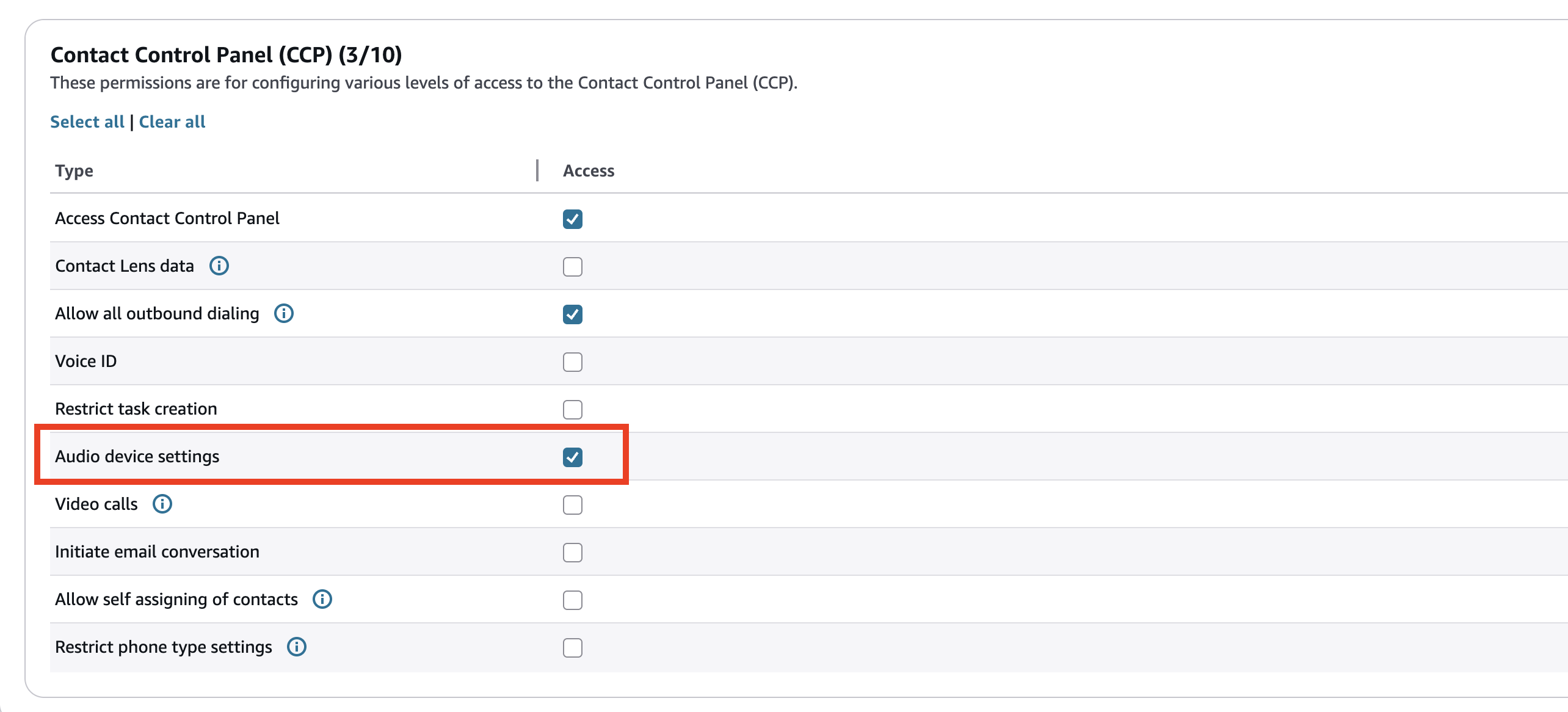 Die Berechtigung zum Einstellen von Audiogeräten im Bereich Contact Control Panel (CCP) des Sicherheitsprofils.