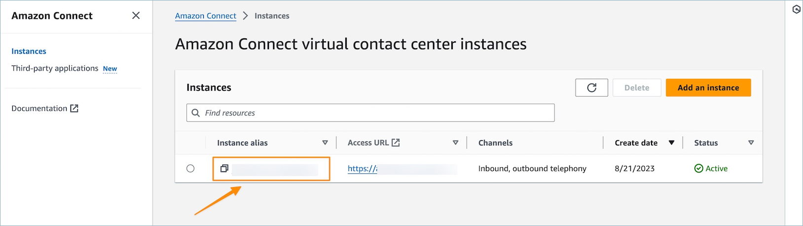 Die Seite mit den virtuellen Contact-Center-Instances von Amazon Connect.