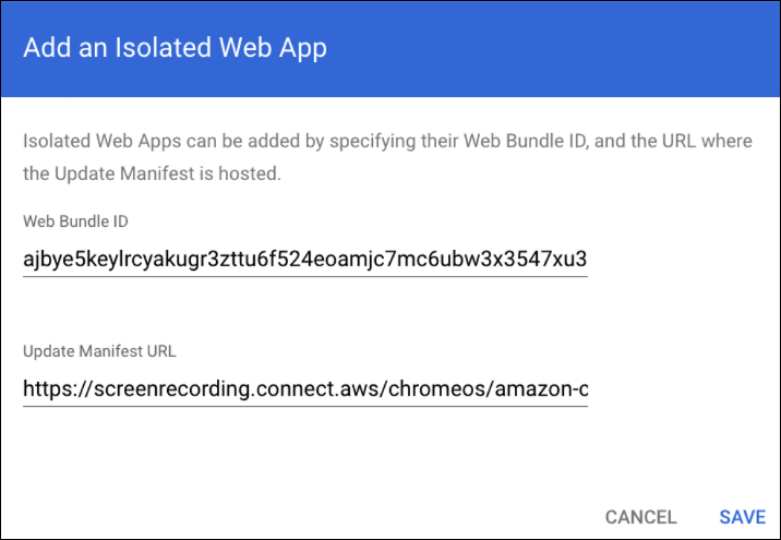 Das ausgefüllte Dialogfeld „Isolierte Web-App hinzufügen“