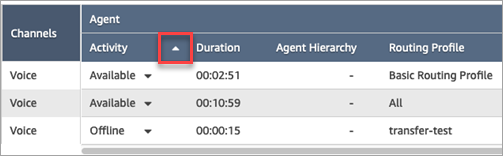 Der Kundendienstmitarbeiternbericht, das Sortiersymbol für die Spalte Aktivität.