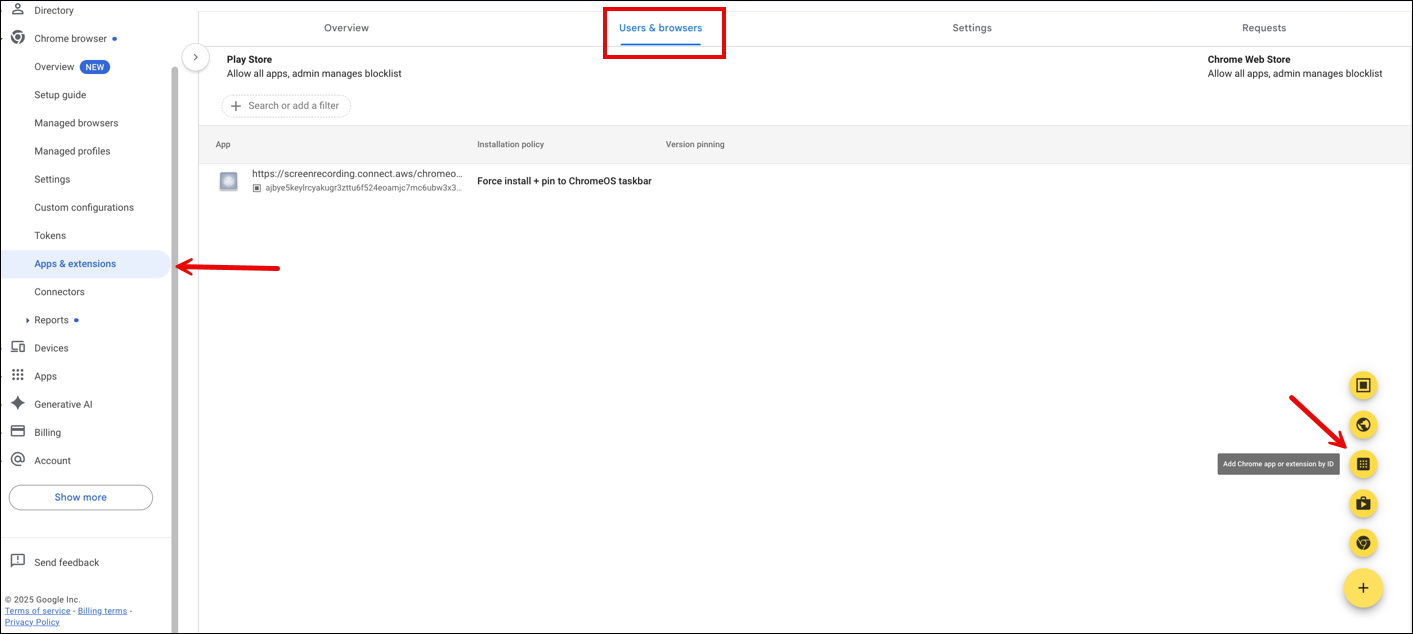 Die Option „Chrome-App oder -Erweiterung per ID hinzufügen“ in der linken Navigationsleiste