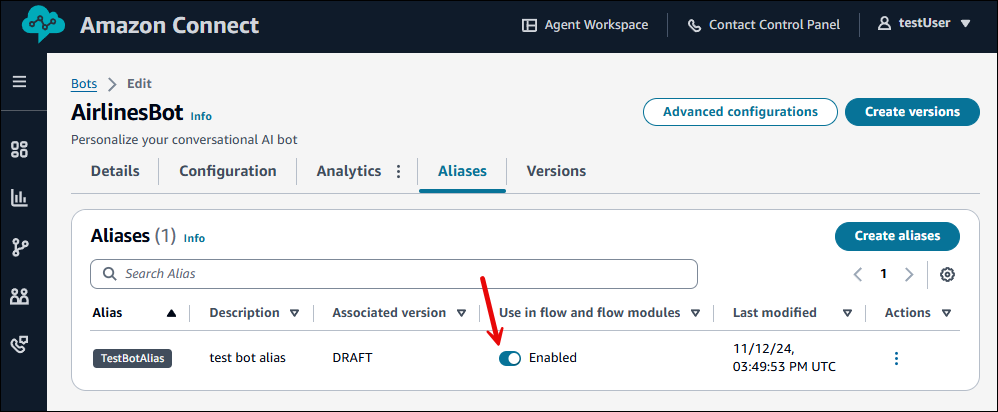 Registerkarte „Aliasse“ mit dem Umschalter „In Flows und Flow-Modulen verwenden“.