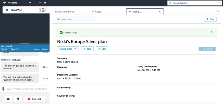 Ein laufender Kontakt, der im Aktivitäten-Feed eines Falls angezeigt wird.