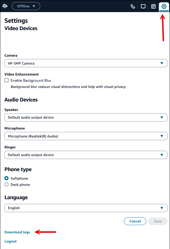 Das CCP, das Einstellungssymbol in der oberen rechten Ecke, der Link zum Herunterladen von Protokollen unten auf der Seite.
