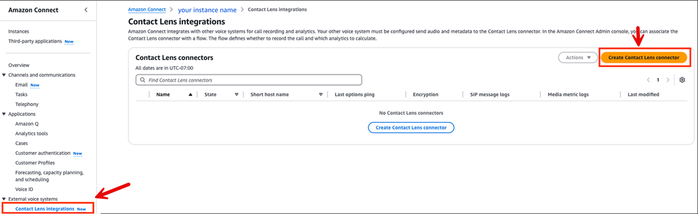 Die Seite „Integrationen von Contact Lens„ und die Schaltfläche „Connector für Contact Lens erstellen“