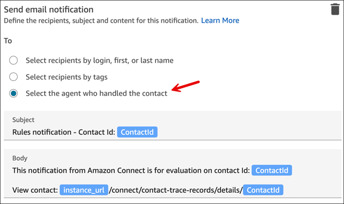 Der Abschnitt „E-Mail-Benachrichtigung senden“, die Option „Wählen Sie den Kundendienstmitarbeiter aus, der den Kontakt bearbeitet hat“