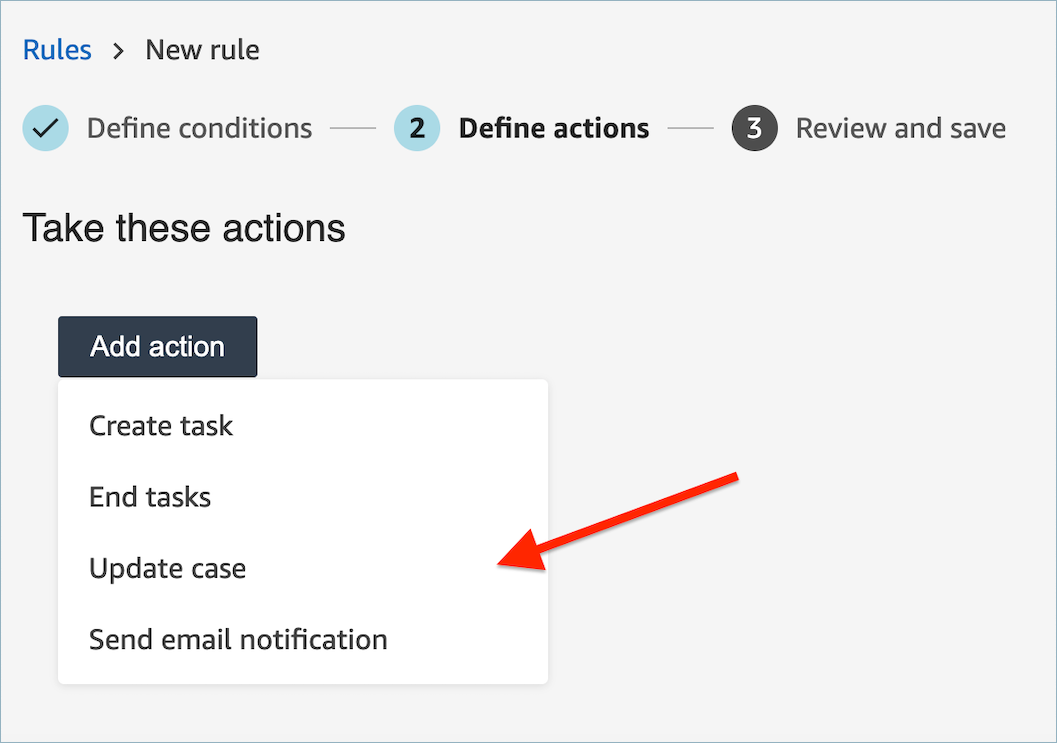 Die Seite „Neue Regel“, das Dropdown-Menü „Aktion hinzufügen“, die Option „Fall aktualisieren“.