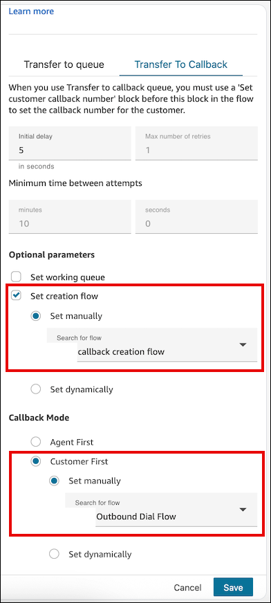 Ein „Weiterleiten an Warteschlange“-Block, bei dem „Erstellungsablauf festlegen“ konfiguriert und der Flow für ausgehendes Wählen spezifiziert ist