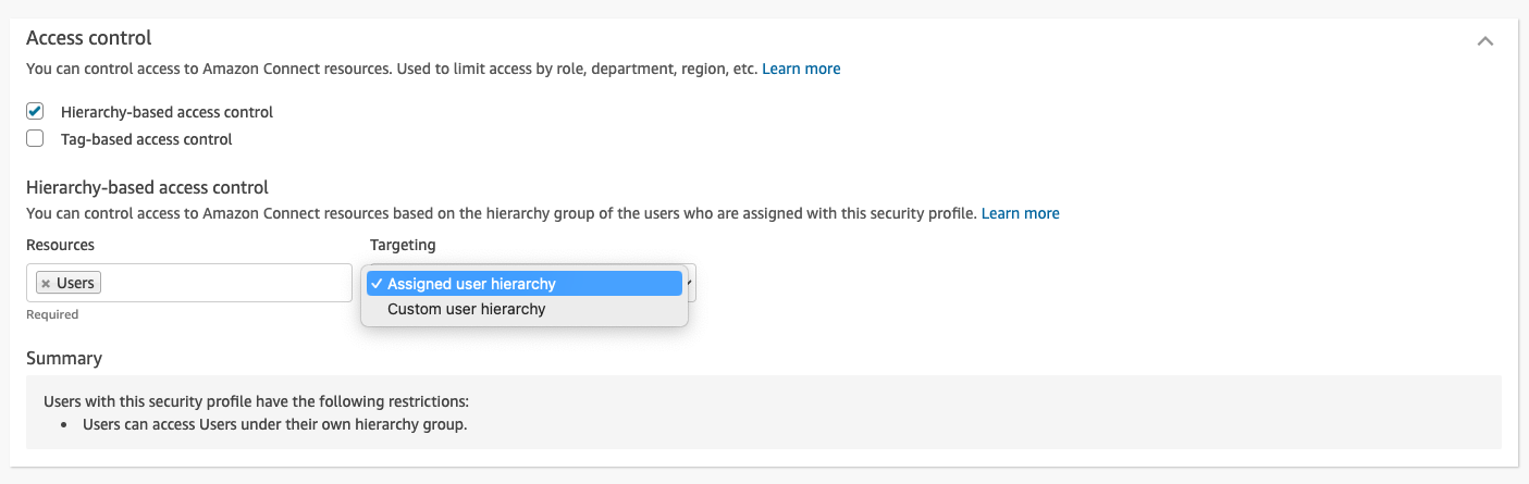 Die Option Hierarchiebasierte Zugriffskontrolle, die Dropdownliste Targeting.