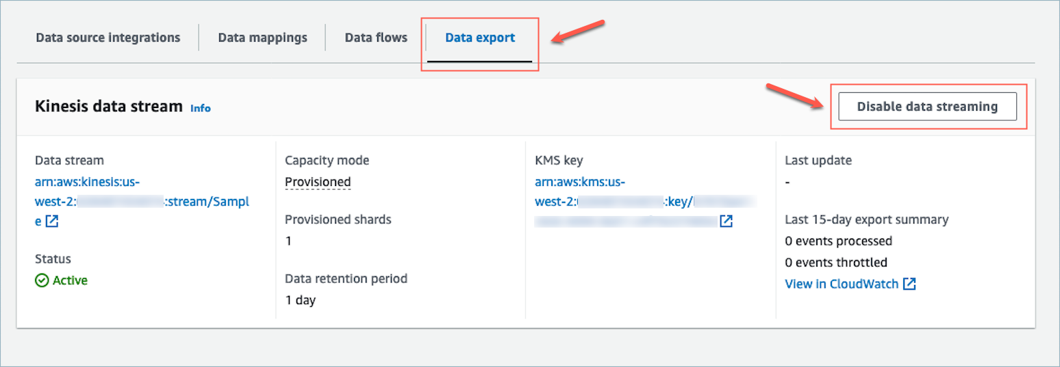 Deaktivieren des Datenexports für Kinesis-Datenstrom.
