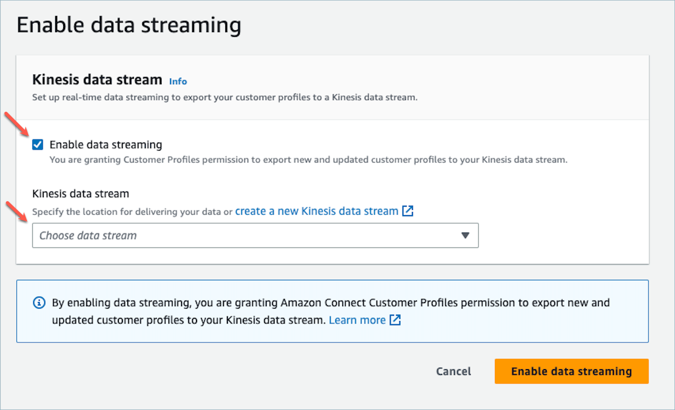 Aktivieren des Datenexports für Kinesis-Datenstrom.