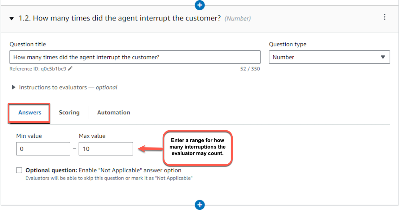 Die Registerkarte „Antworten“ mit den Feldern „Min. Wert“ und „Max. Wert“.