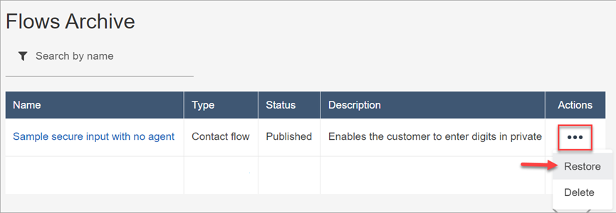 Die Seite „Flow-Archiv“ von Amazon Connect mit der Option „Wiederherstellen“ im Menü „Aktionen“ für einen archivierten Flow