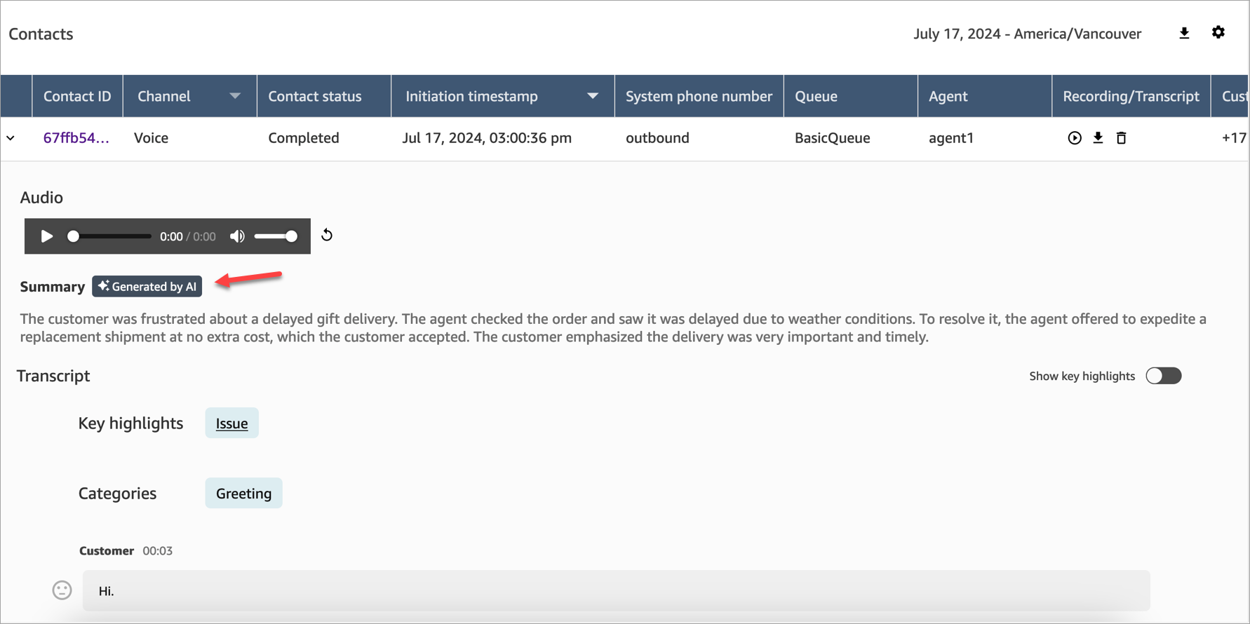 Die Seite „Kontaktsuche“ mit einer auf Basis generativer KI erstellten Zusammenfassung nach erfolgtem Kontakt für mehrere Kundeninteraktionen in einem Listenansichtsformat