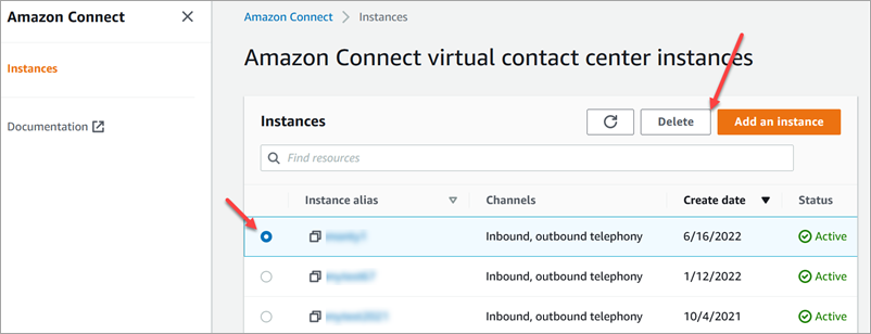 Die Seite mit den Instances für Amazon Connect Virtual Contact Center, die Schaltfläche Löschen.