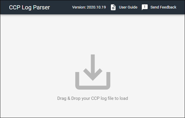 Auf der Benutzeroberfläche des Amazon Connect CCP Log Parsers wird der Datei-Upload-Bereich für die Analyse von Protokollen der Kundendienstmitarbeiter angezeigt.