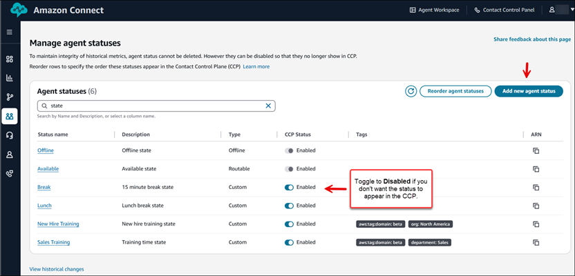Die Seite „Kundendienstmitarbeiterstatus verwalten“