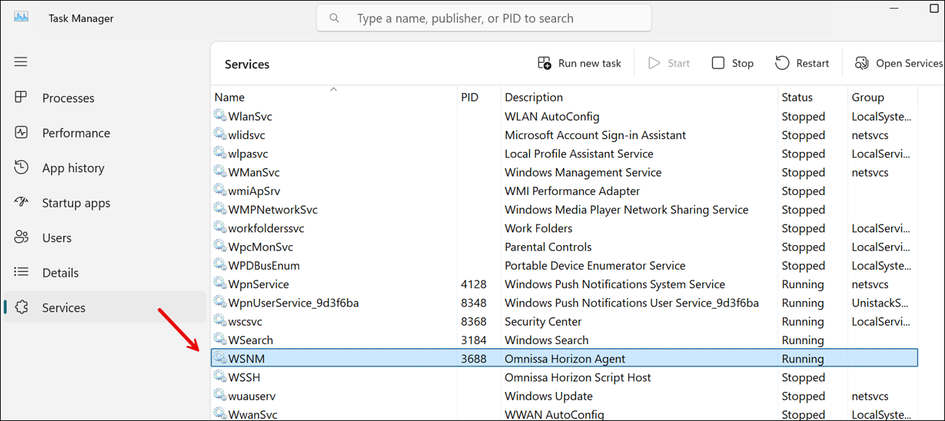 Aufgabenmanager, in dem der Prozess „wsnm.exe“ ausgeführt wird.
