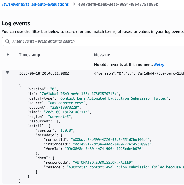 CloudWatch Protokolldetail mit Metadaten und Fehlerursache.