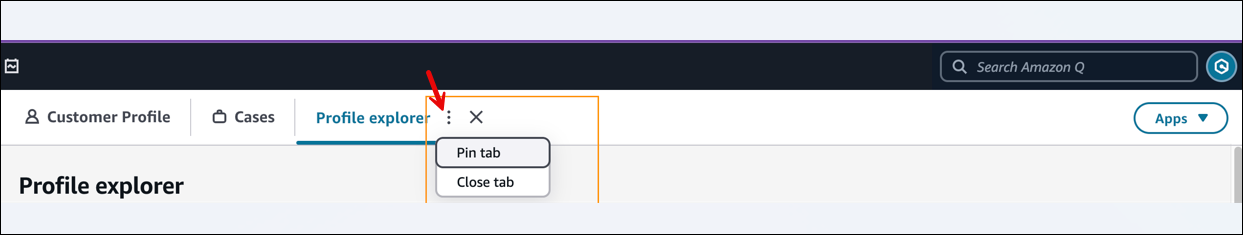 Die Option „Registerkarte fixieren“ im Kundendienstmitarbeiter-Workspace.